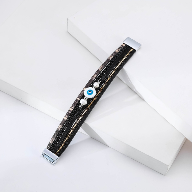 Bohemian multi-layer woven devilu0027s eye pearl leather bracelet