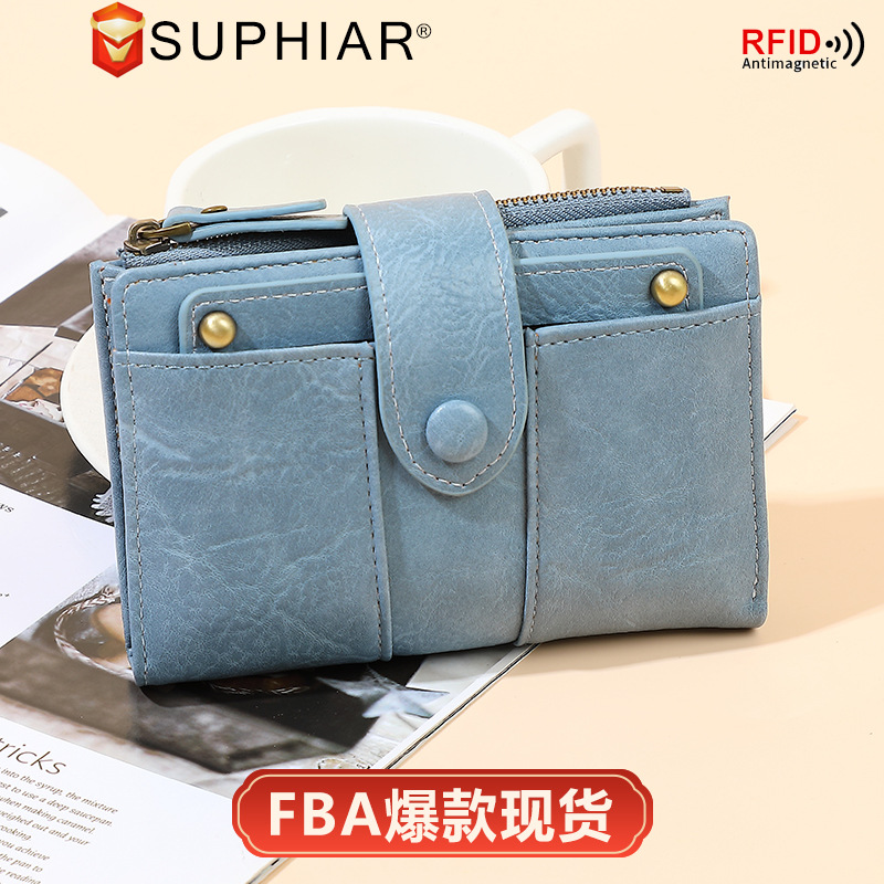 Amazon Wallet retro de alto rendimiento Pu cuero bolso de cambio doble corto bolso de tarjetas RFID antimagnético bolso de damas