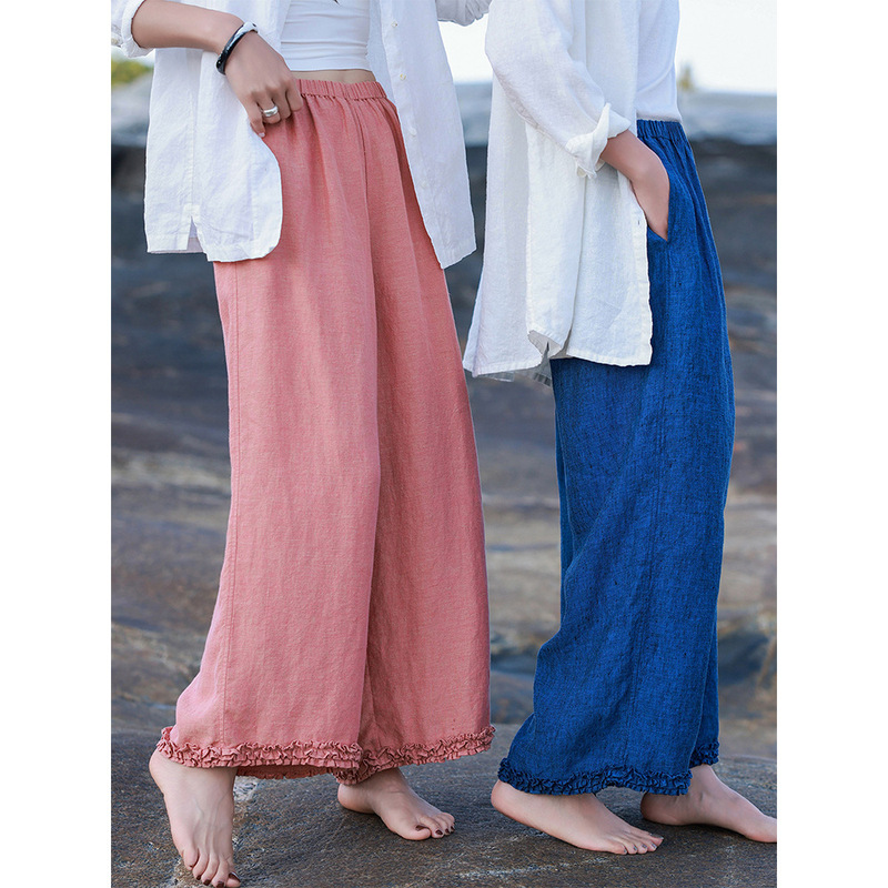 Summer New Style 21-Count Hemp Linen Color-Woven Ruffle Trim Slimming Cool Casual Wide-Leg Cropped Pants Wholesale Summer New Style 21-Count Hemp Linen Color-Woven Ruffle Trim Slimming Cool Casual Wide-Leg Cropped Pants Wholesale