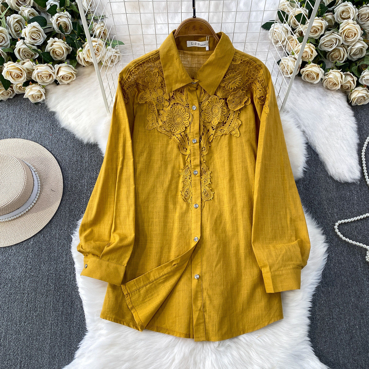Women's Floral Collared Shirt Breathable Lace Top mid Length Cardigan Coat Casual Style Sun Protection Gentle Hollowed out for Spring And Autumn_ecoleips.com