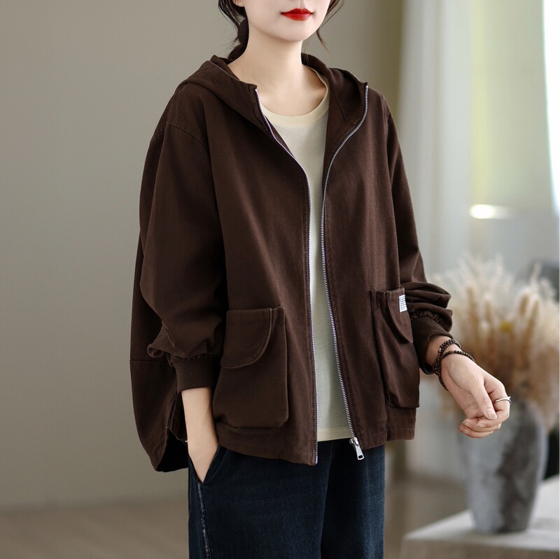 2025 Autumn New Retro Casual Double Pocket Distressed Easiest for Match Loose Casual Solid Color Hooded Casual Jacket Women