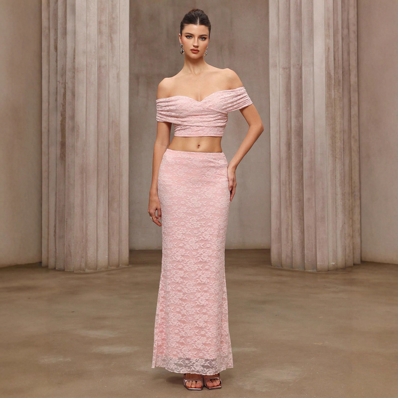 European and American Cross-Border New Sexy Slim Two-Piece Lace One-Shoulder Top Skirt Women's Suit Dress