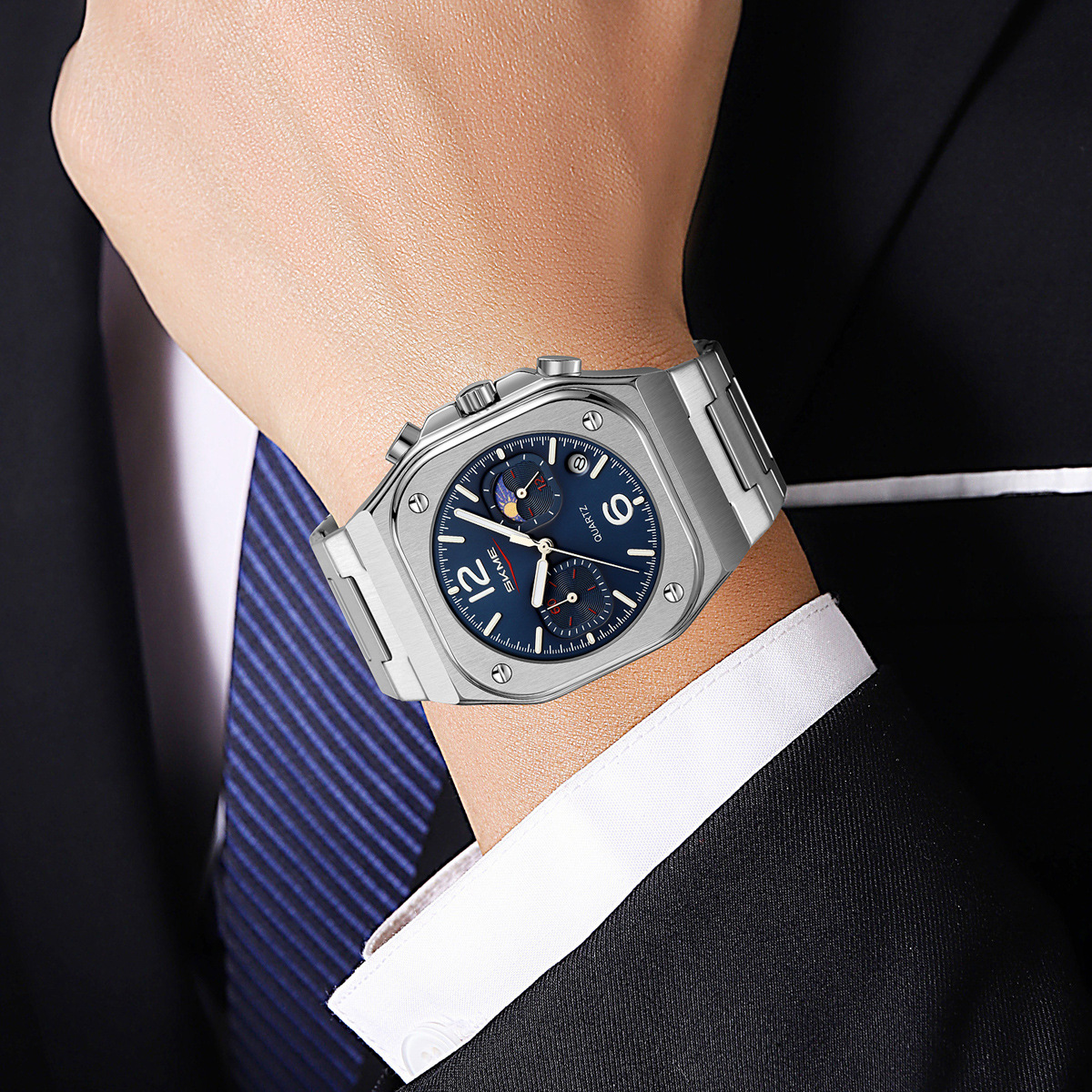 Momento cuadrado reloj de cuarzo cronógrafo único calendario multifuncional correa de acero relojes de pulsera de hombre al por mayor relojes de hombre transfronterizos