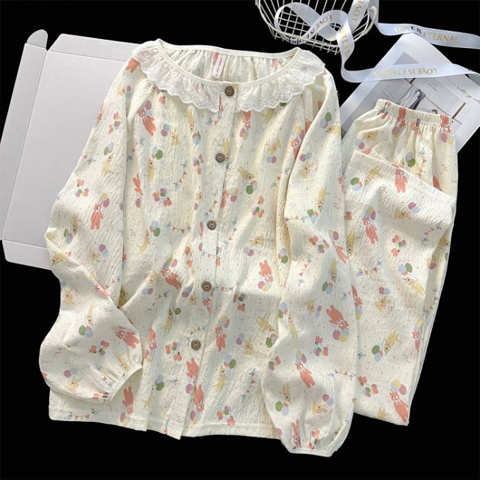 Al por mayor transfronterizo nubes de algodón adorable oso conjunto de pijamas de mujeres de otoño pantalones de manga larga cuello redondo ropa casual de encaje