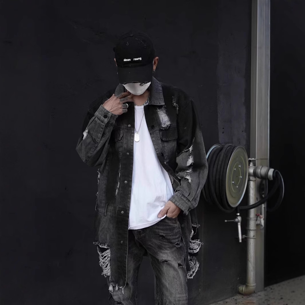 潮流中长款牛仔外套破洞做旧高街暗黑宽松水洗牛仔长袖衬衫男外穿