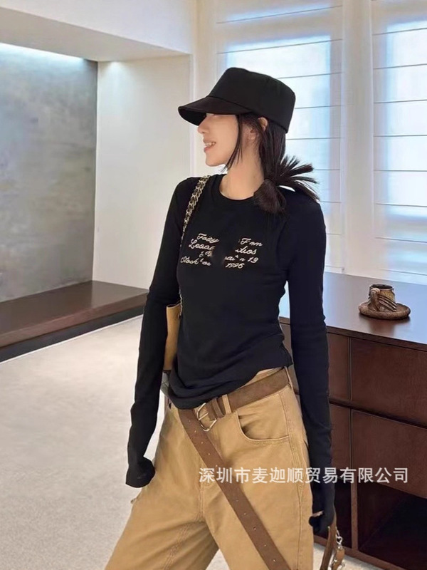 南油高端女装25秋冬新款撞色字母logo印花假两件圆领休闲百搭上衣|undefined