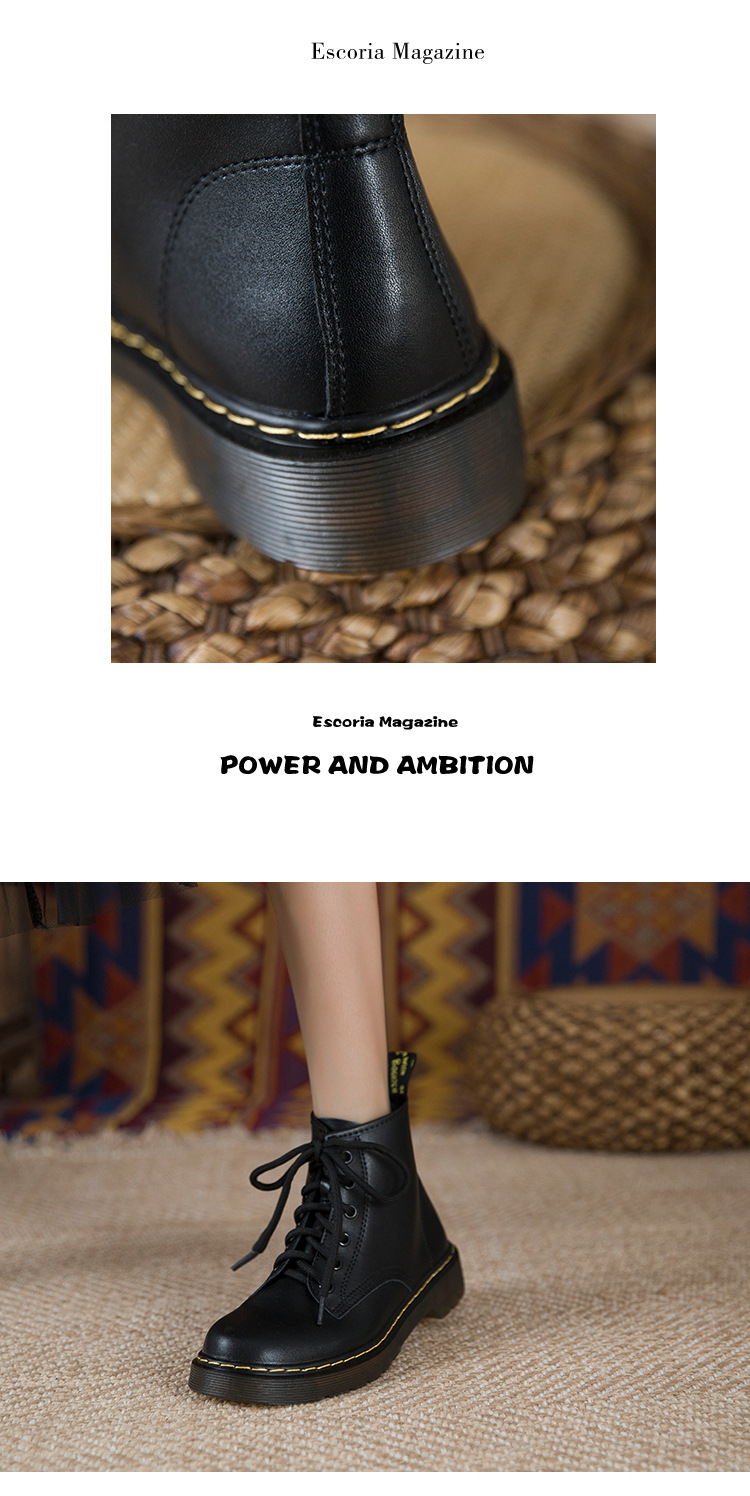 Bottes de moto courtes Martin noires en cuir véritable à lacets à huit et six trous de style britannique pour femmes_voghion.com