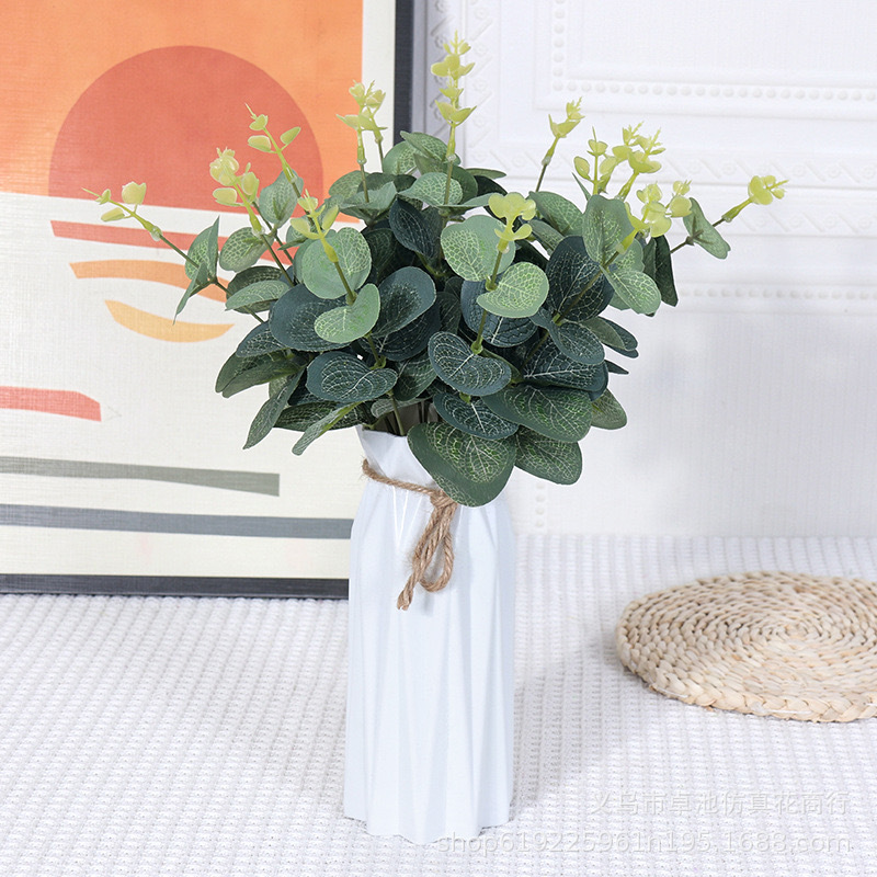 跨境专供绿植婚庆插花搭配装饰假花单枝金钱叶尤加利仿真绿植批发