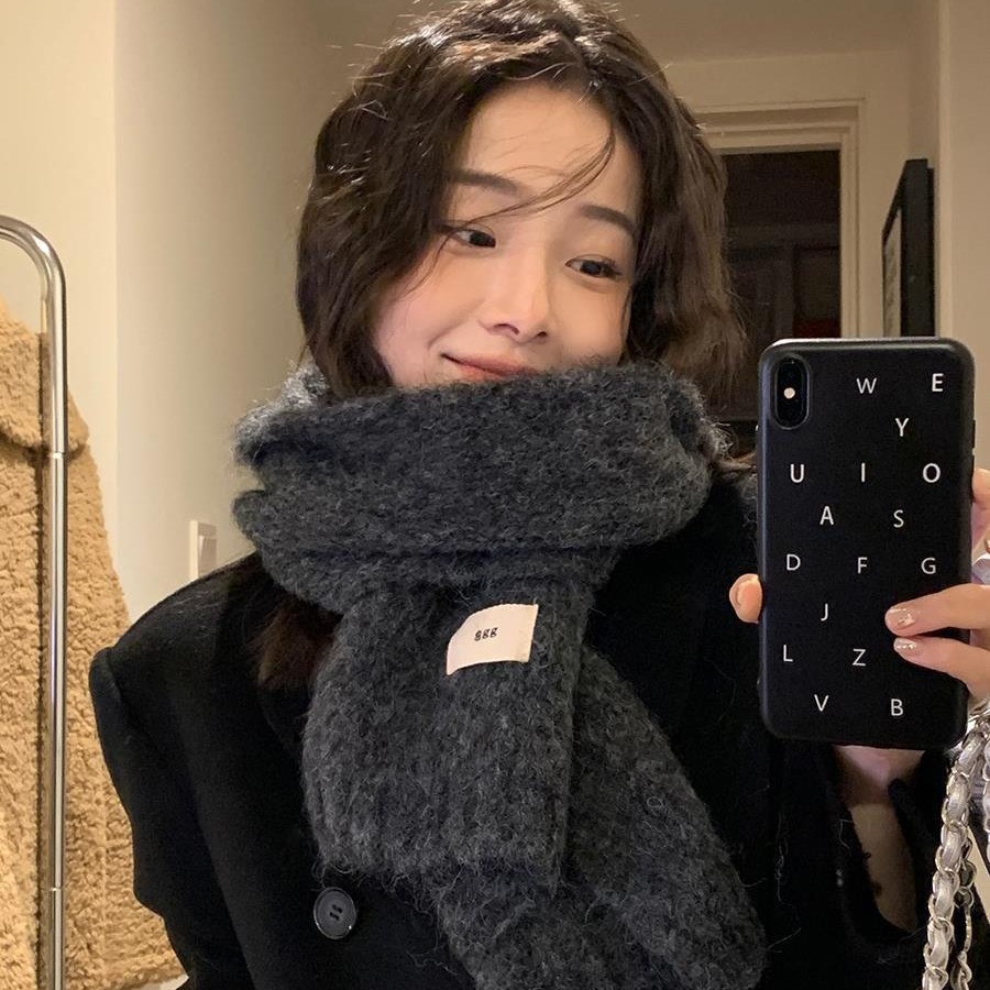 Women's Knitted Wool Small Scarf with Wool for Autumn and Winter Korean-style Long Thickened High-grade Solid Color Cashmere Scarf for Men