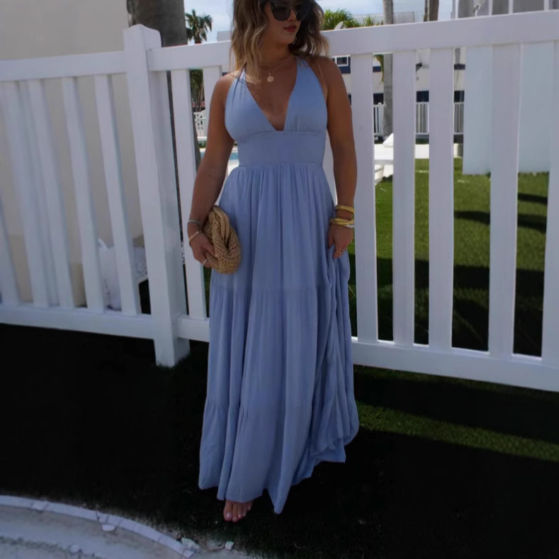 2025 Summer New Products Europe and America Cross-border Here Comes The Sun Baby Blue Super Long dress.