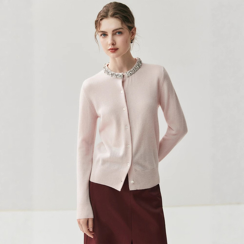 Light Luxury Fluffy Beaded Cashmere Knitted Cardigan for Women 2025 Autumn and Winter New Round Neck Slim Sweater Jacket Wool