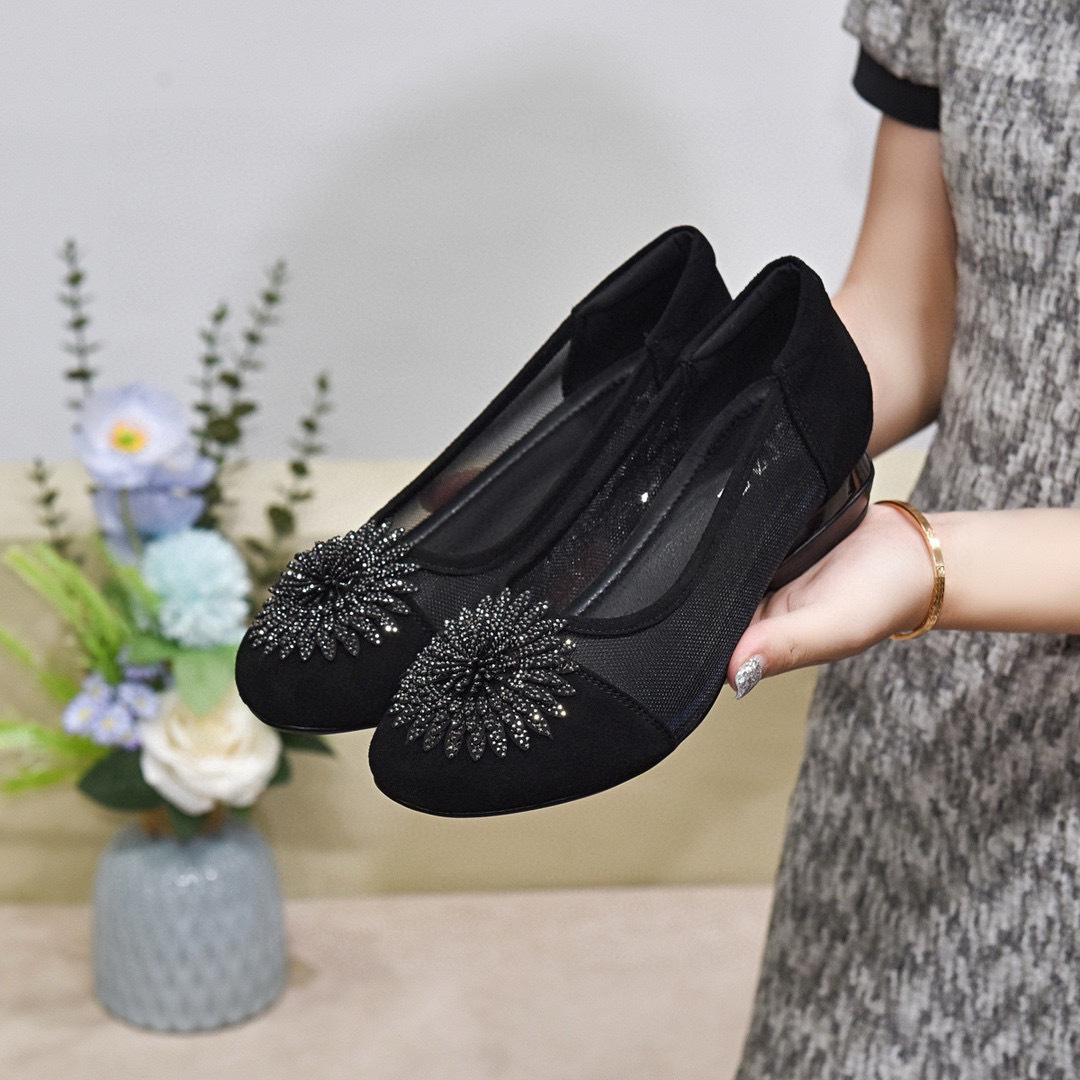 Giày lười nữ da thật mũi tròn gót thấp phối lưới, gót vuông 3 cm, thoáng khí — Màu đen-3cm