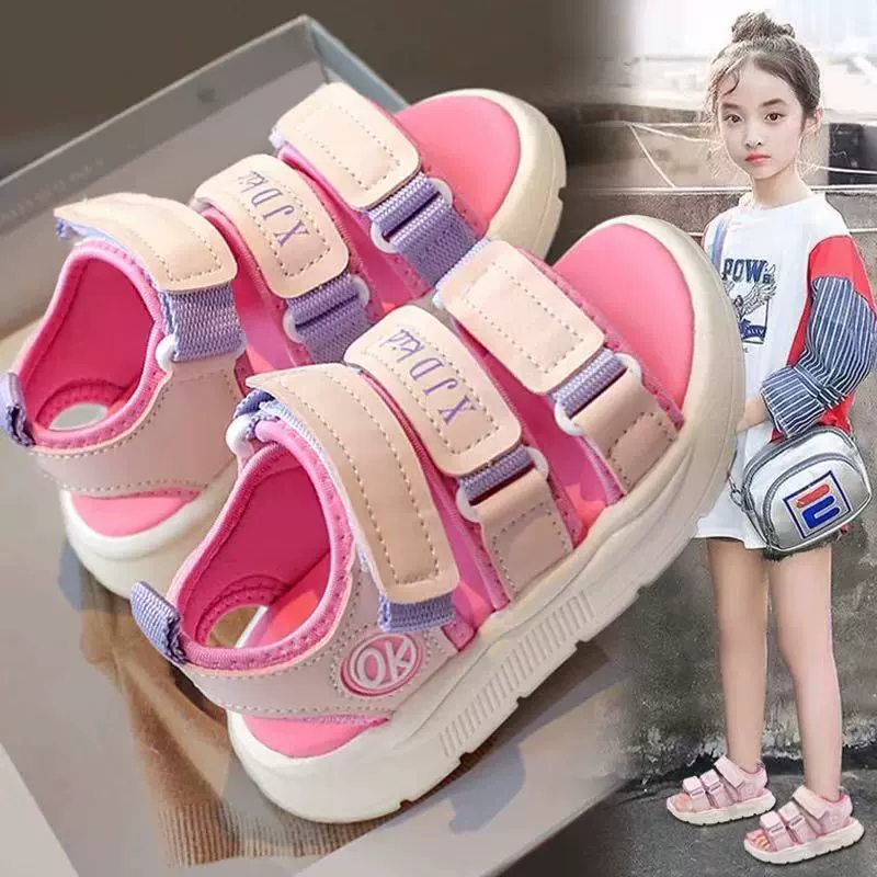 Сандалии для девочек лето 2025 новая детская обувь принцессы большая девочка мягкая подошва пляжная обувь нескользящая детка