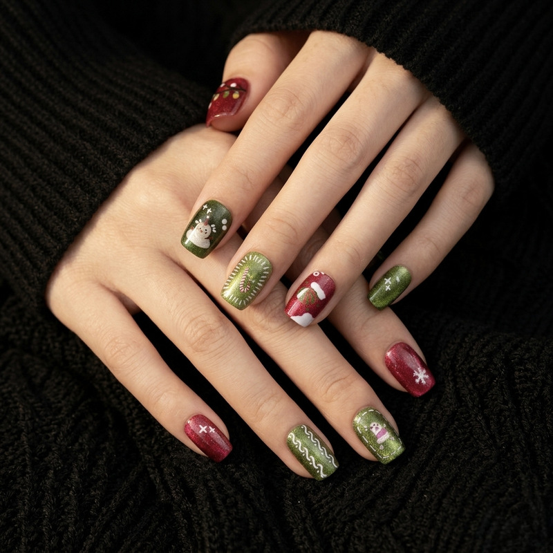Christmas Cross-Border Nail Art New Snowman Cat-Eye Wearable Nails Cute and Exquisite Fake Nails Finished Nail Pieces Pre-Made Nails Christmas Cross-Border Nail Art New Snowman Cat-Eye Wearable Nails Cute and Exquisite Fake Nails Finished Nail Pieces Pre-Made Nails
