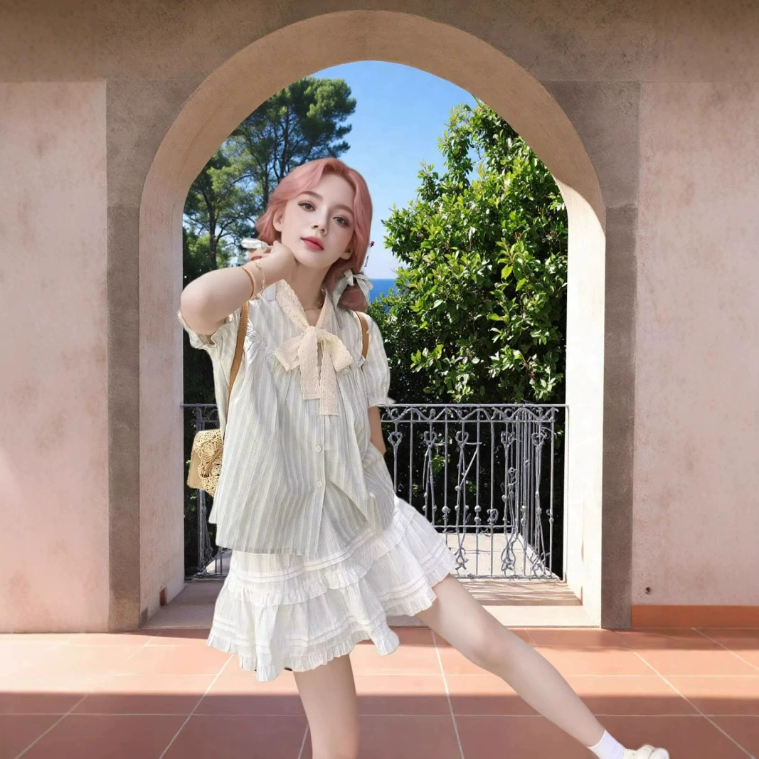 Кросс-бордерная рубашка в полоску, новый сладкий стиль 2025 года, нишевый дизайн с бантом, свободный крой, эксклюзивная модель для внешней торговли