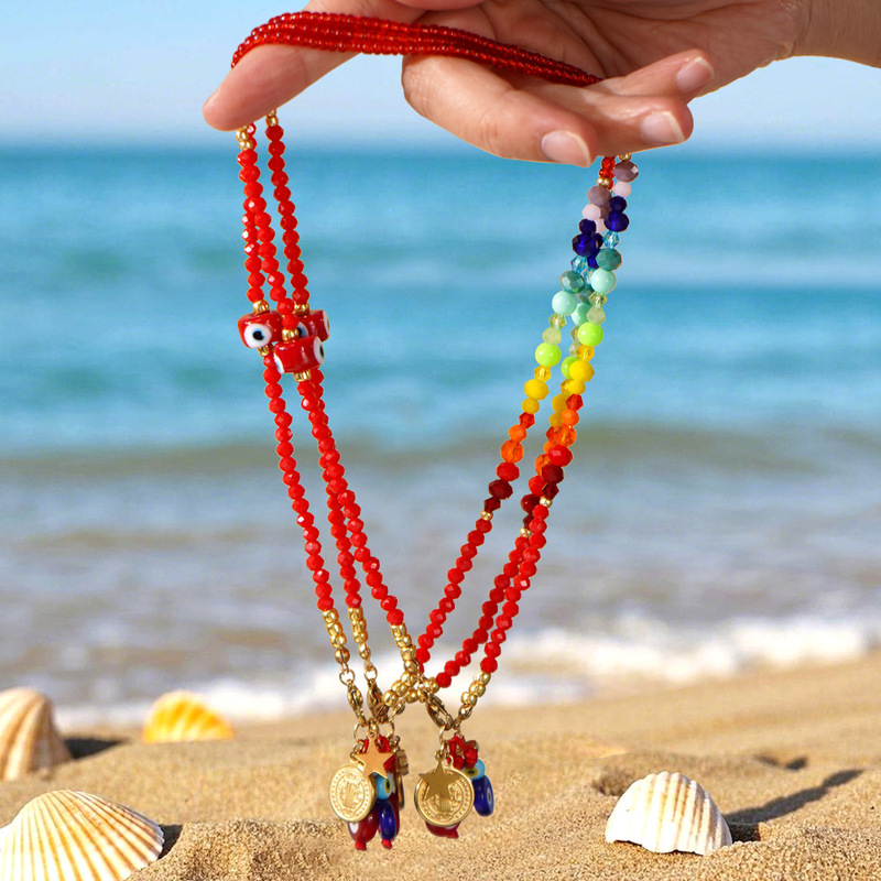 Cross-Border Summer Sea Breeze Glass Bead Necklace Trendy Ins Style Devil's Eye Red Rice Bead Crystal Necklace
