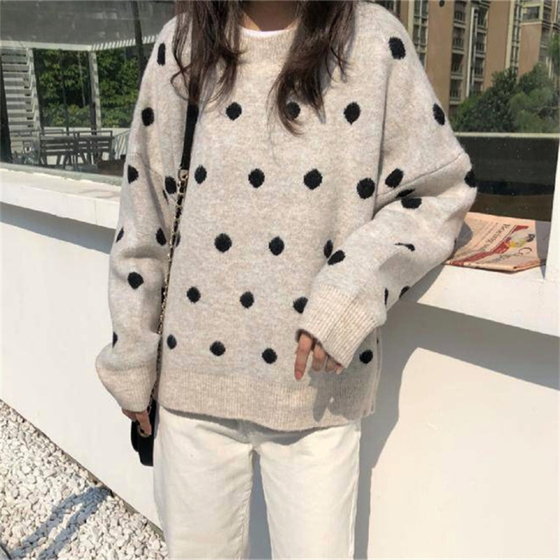 Korean version of the 2022 autumn and winter New retro polka dot loose lazy style sweater for couples contrast color sweater women's pullover Korean version of the 2022 autumn and winter New retro polka dot loose lazy style sweater for couples contrast color sweater women's pullover