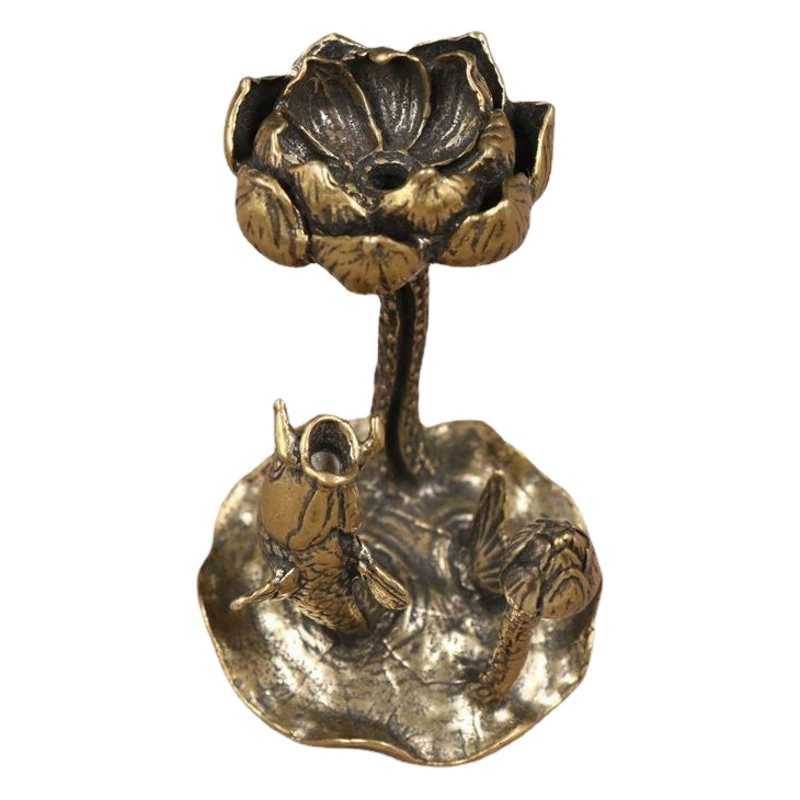 Винтаж старая Чистая латунь лист лотоса Лотос Карп прыгающий Дракон ворота украшения пруд художественная концепция Лотос противоток благовония держатель