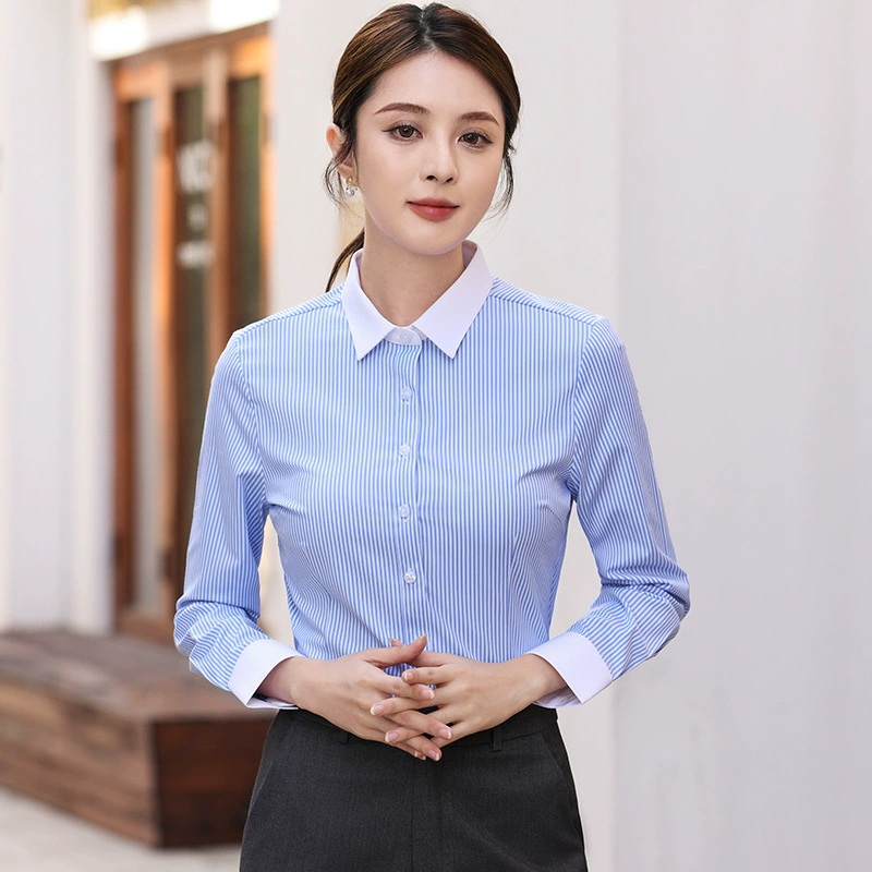 Новинка 2024 года, синяя рубашка в полоску, Женская приталенная рубашка с длинными рукавами, профессиональная деловая официальная рубашка, Женская рабочая одежда