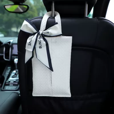 New car tissue box Car tissue box/set - woven-hanging-white-tissue-box-black-edge-bow