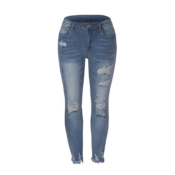 2021 New Arrival Washed Fringed Jeans Women's Amazon European and American Slim-Fit High Stretch Leg Pants