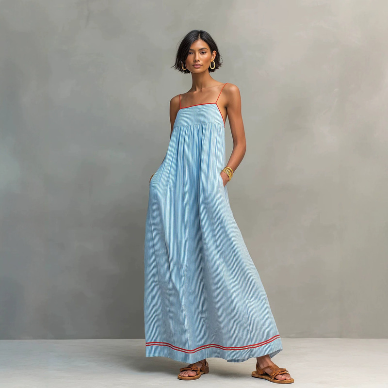 European and American Cross-Border Summer New Striped Suspender Dress, Simple Slimming Long Dress for Women European and American Cross-Border Summer New Striped Suspender Dress, Simple Slimming Long Dress for Women