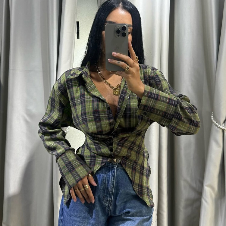 New Fashion Retro Style Plaid Shirt for Women, Cross-Border Bestseller, Turn-Down Collar, Long Sleeves, Irregular Hem, Waist-Cinching Shirt