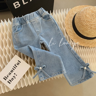 Girls' Jeans 2025 Spring and Autumn New Girls Fashion Bow Denim Flared Pants Super Soft Children's Flared Pants
