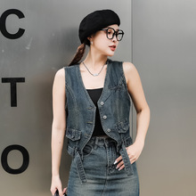 石墨色短款牛仔马甲女2024早春新款设计感不规则下摆无袖外套坎肩