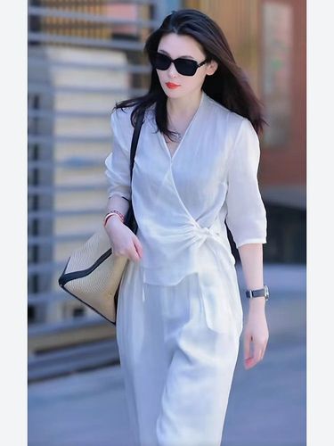Women's Literary Fashion Youthful Design V-Neck Blouse and Matching High-Waisted Wide Leg Pants #914 - Summer Set 2025