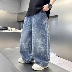 男童春秋牛仔裤中大童提花舒适弯刀裤儿童休闲阔腿裤女童宽松裤子