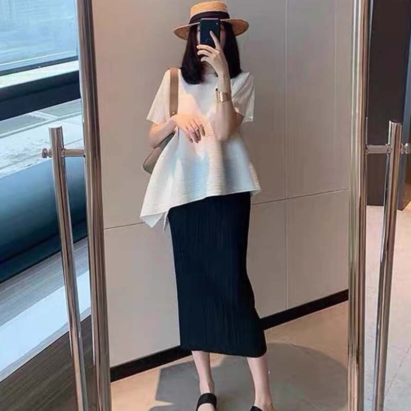 Miyake skirt pleated skirt spring and summer side split high waist slim hip pleated skirt Women's Mid-length skirt