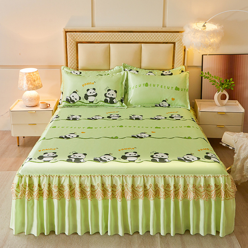 Verano transfronterizo nuevo estilo de seda fresca versión coreana de seda de hielo de color sólido falda de cama de tres piezas al por mayor (lavable a máquina)