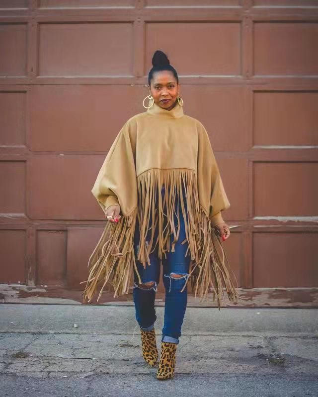 Women's fashion solid color long sleeve fringe top_voghion.com