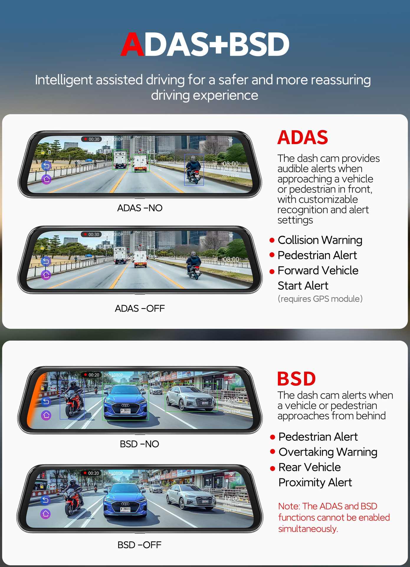 Cross-Border Driving Recorder 10inch Front Adas and Rear Bsd Blind Spot Warning Wifi Inter-Connected Driving Recorder