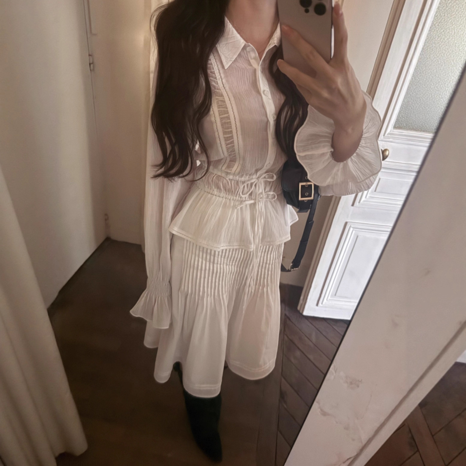 Korean Women's Clothing from Dongdaemun, South Korea, Featuring Unique Design with Lace-Up Details, Elegant Long-Sleeved White Shirt + Skirt Set