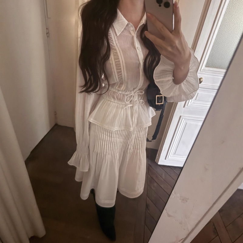 Korean Women's Clothing from Dongdaemun, South Korea, Featuring Unique Design with Lace-Up Details, Elegant Long-Sleeved White Shirt + Skirt Set Korean Women's Clothing from Dongdaemun, South Korea, Featuring Unique Design with Lace-Up Details, Elegant Long-Sleeved White Shirt + Skirt Set