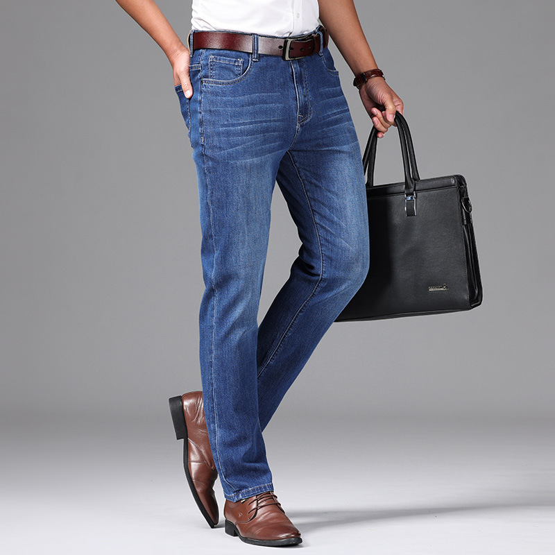 Cuatro Estaciones Nueva jeans stretch algodón regular transpirable simple hombres de negocios alta cintura suelta pantalones mezclilla recta