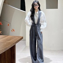 年秋季新款女装灰色背带裤西装阔腿裤套装感小洋装两件套