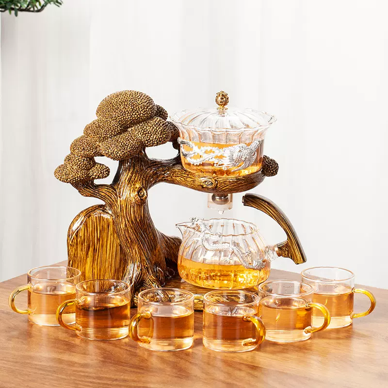 迎客松自动茶具套装家用轻奢高档耐热玻璃懒人泡茶神器磁吸泡茶壶