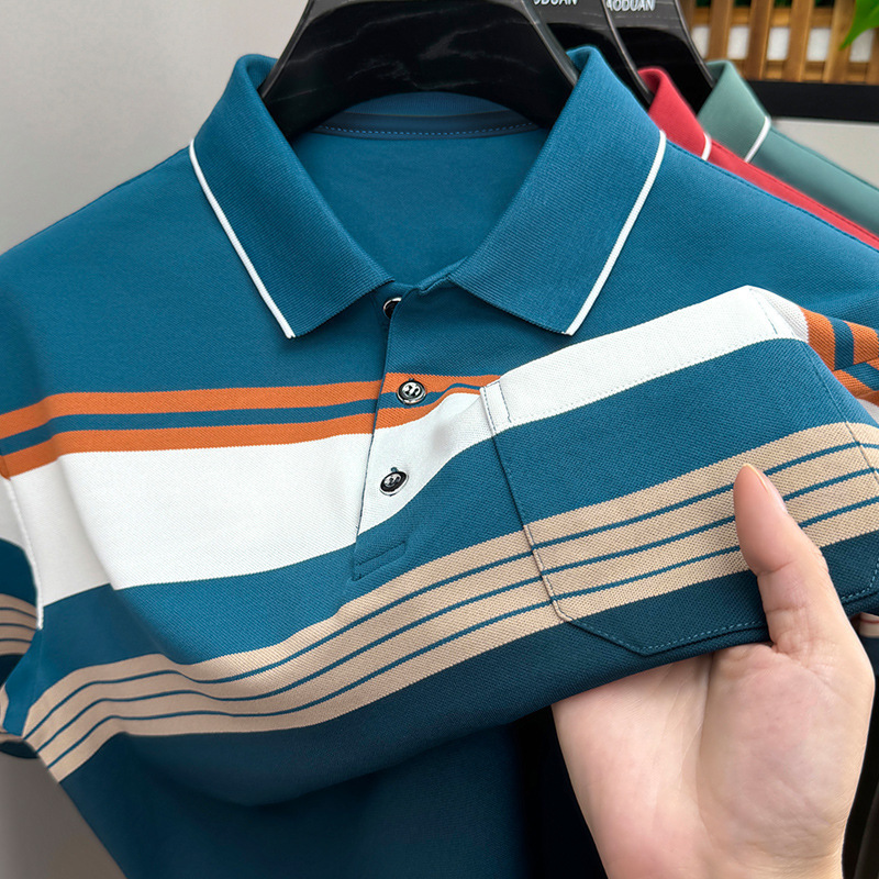 Summer striped turn-down collar short-sleeve polo shirt for men, business casual dad style with real pockets, versatile men's t-shirt Summer striped turn-down collar short-sleeve polo shirt for men, business casual dad style with real pockets, versatile men's t-shirt