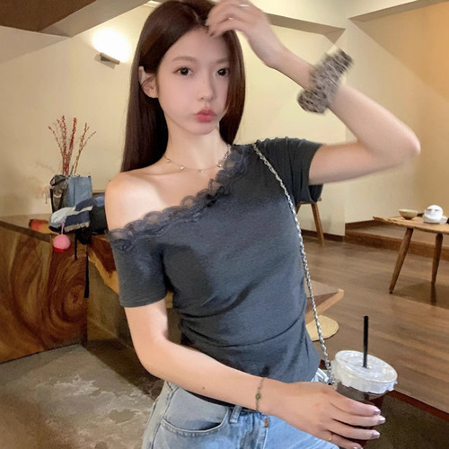 Ins Pure Desire Sexy One-Shoulder Lace Revealing Short-Sleeve T-Shirt Summer Slimming Bodysuit Short-Sleeve Top for Women