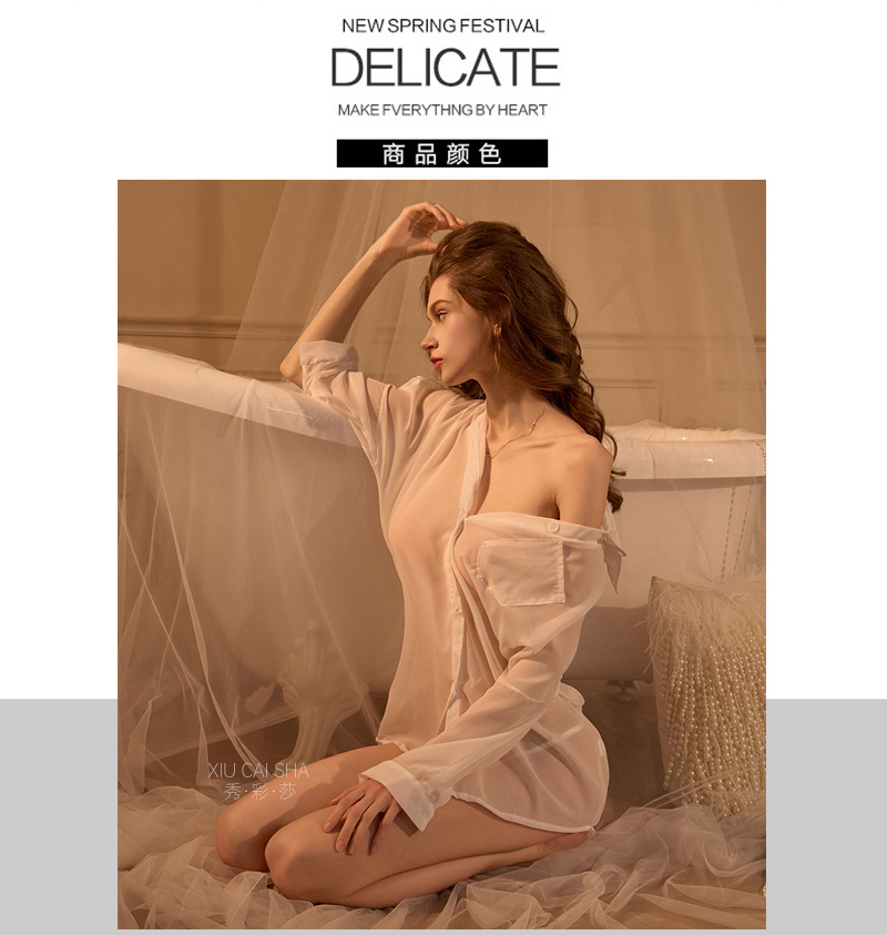 Off-Shoulder See-Through Chiffon Roleplay Top with Thong, Black One Size — detail image 6
