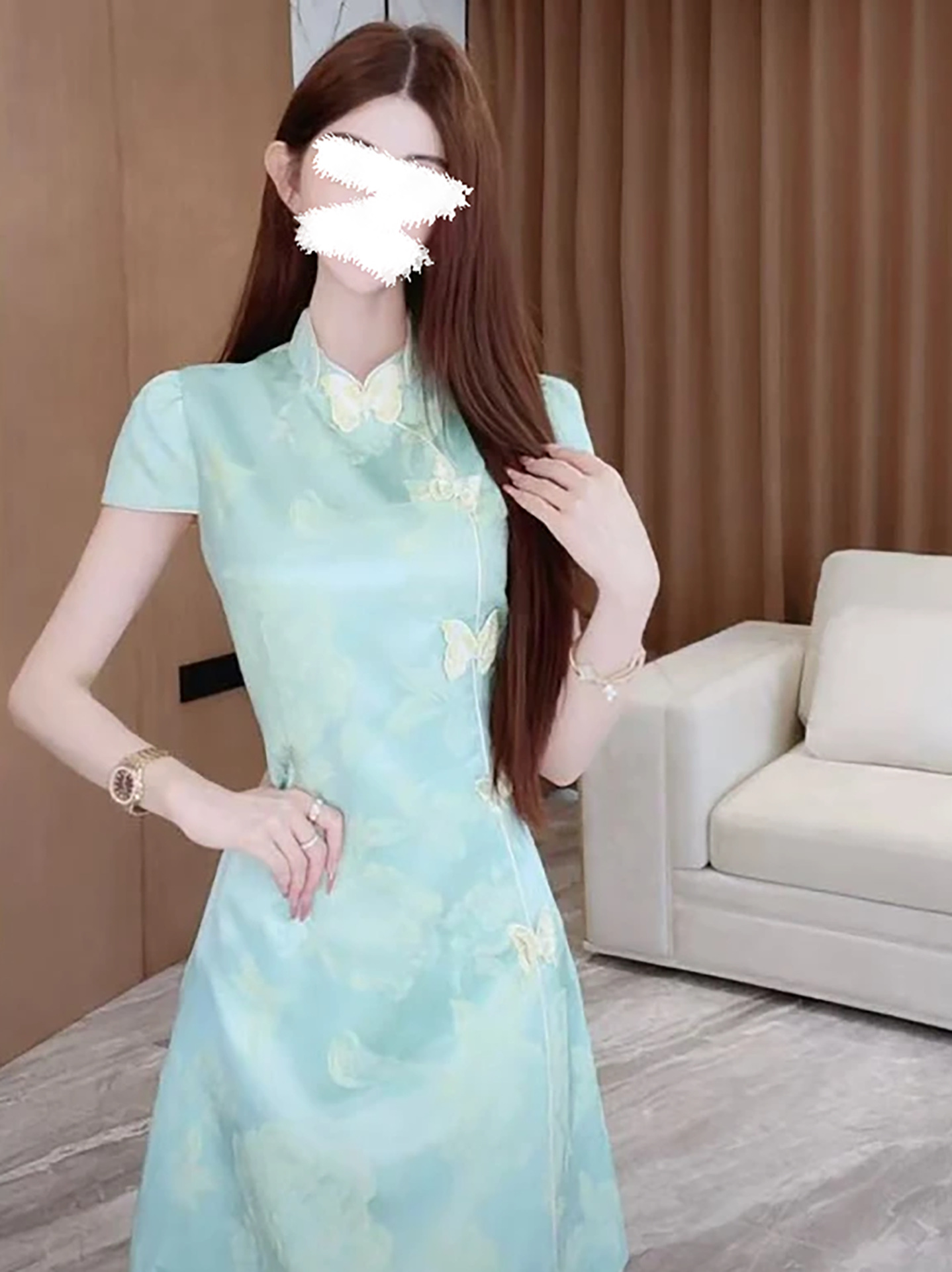 Đầm maxi nữ thắt eo kiểu Tân Trung Hoa cải tiến cổ đứng cài khuy vải — xanh lá cây