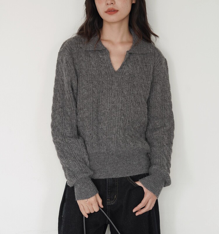 EIGHTHMONTH灰色polo领麻花毛衣女冬季宽松复古套头外穿针织上衣|undefined