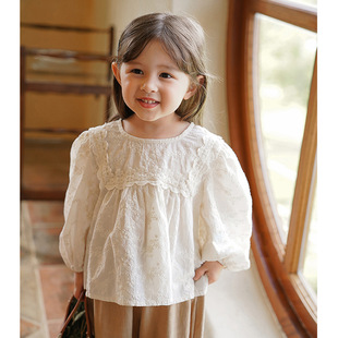 Jera Children's Wear Girl's Lace Lace Shirt 2023 Autumn New Children's French Jacquard Doll Shirt Top