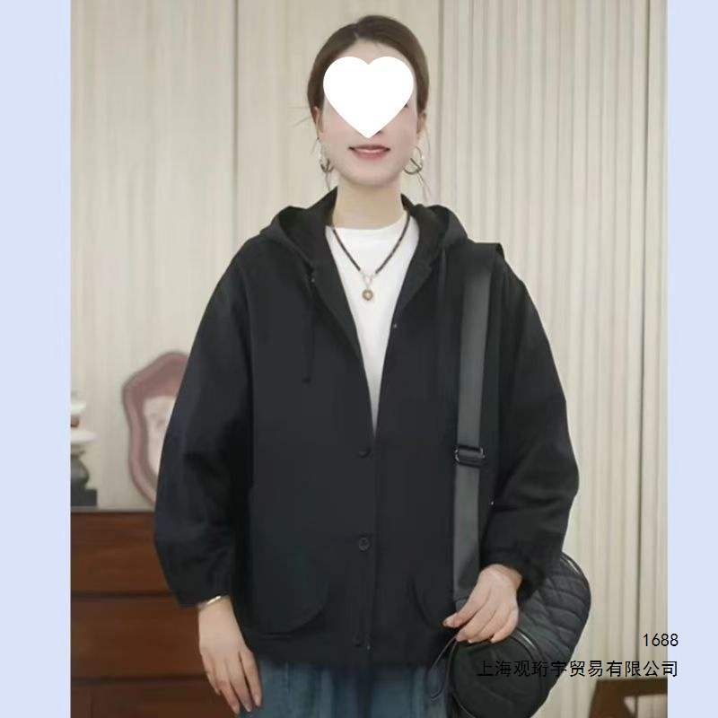 春秋新款休闲慵懒风连帽短外套女复古纽扣开衫宽松百搭女士外套潮
