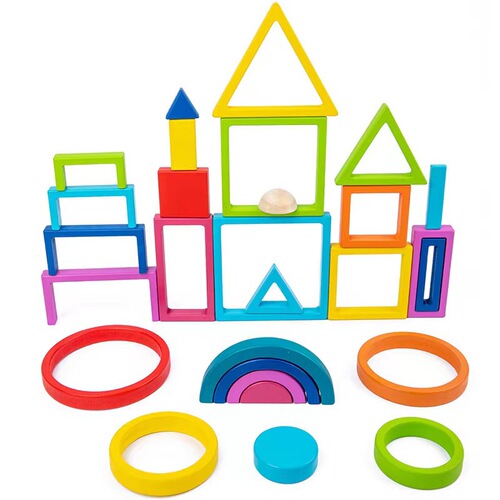 Rainbow building block set, villain geometric shape math teaching aids, wooden stacking high children's educational toys wholesale