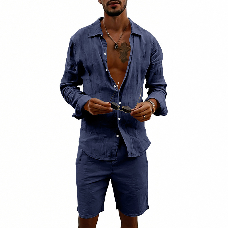 Herren Leinenhemd Und Shorts Set Sommer Freizeit Strand Outfit_voghion.com