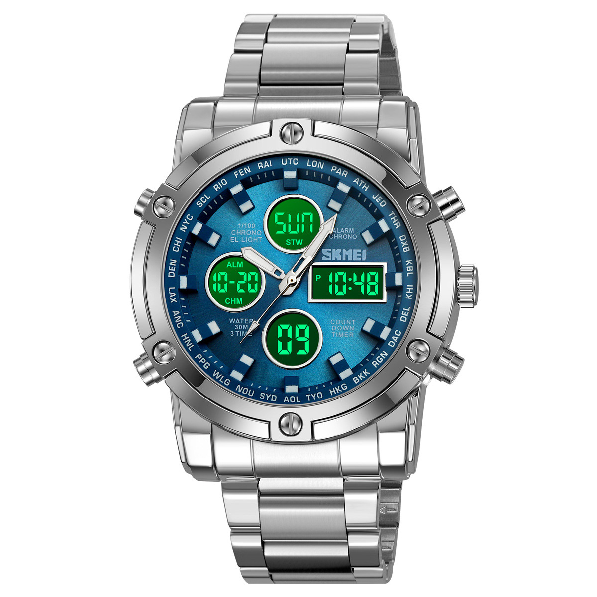Momento de venta transfronteriza caliente de relojes de hombre acero nocturno impermeable multifuncional relojes de pulsera de doble movimiento mayorista en stock